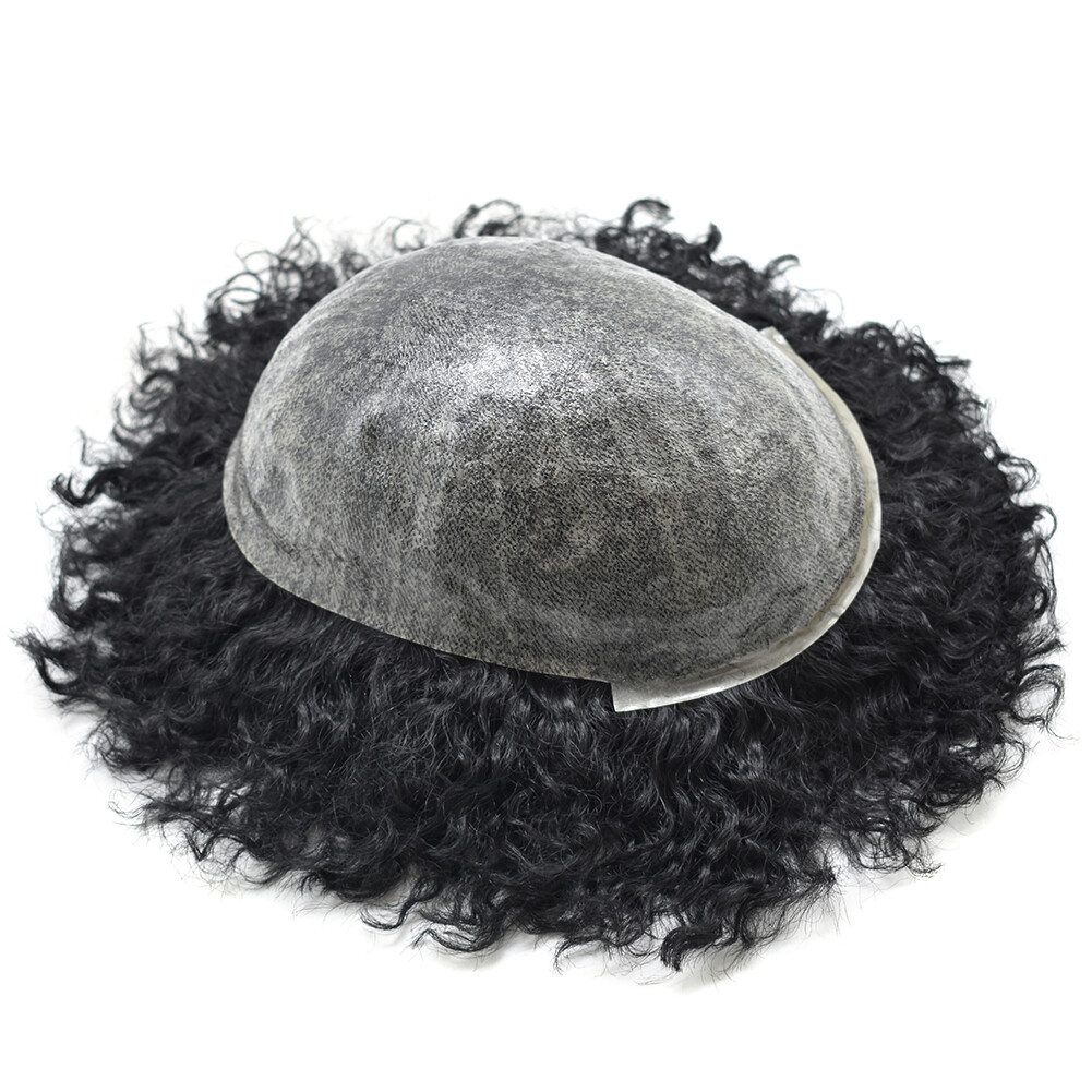 Afro Curly Toupee For Black Men Full Poly PU Skin Hairpiece Hair Replacement Wig