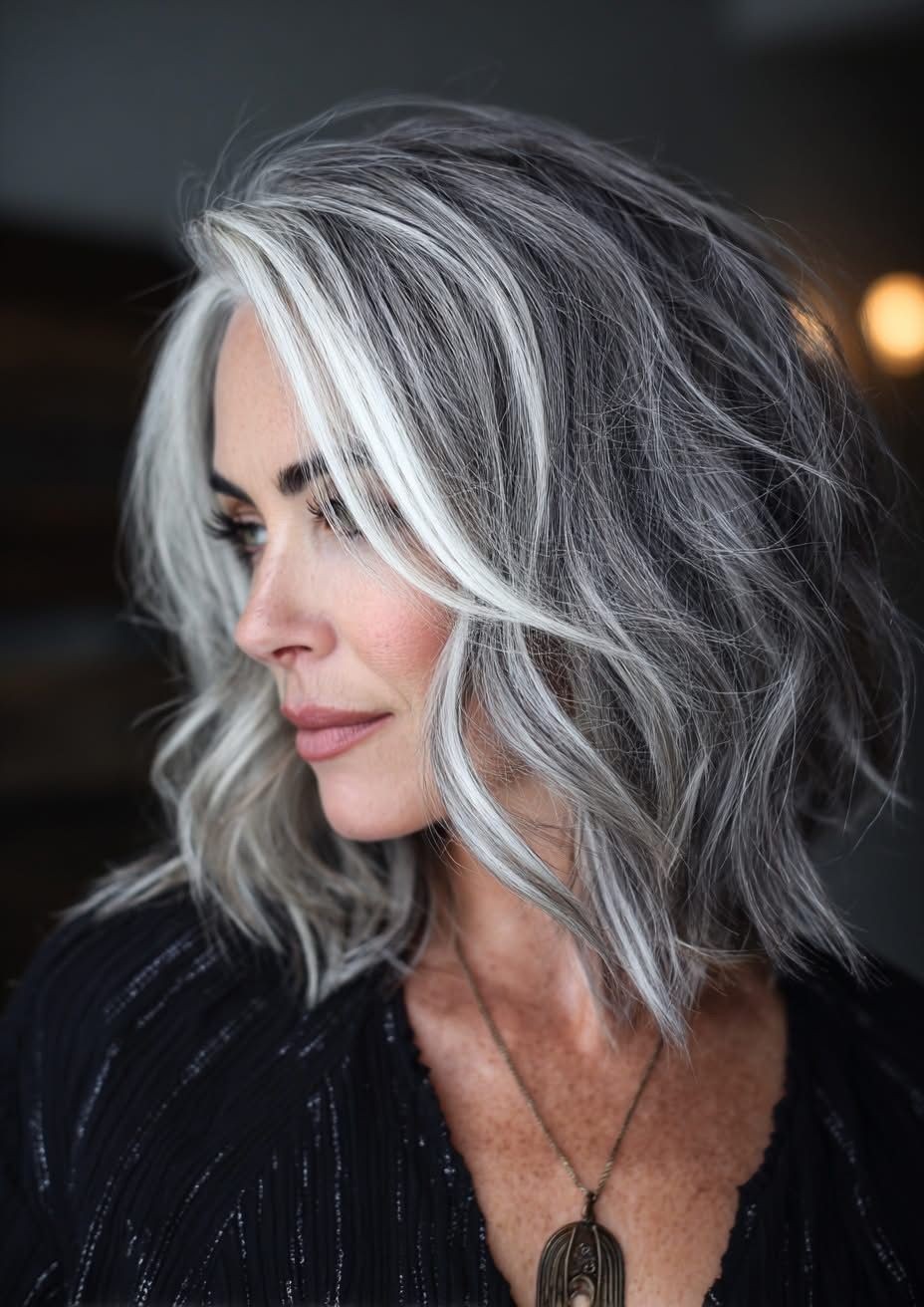 Salt and Pepper Bob Wave Wig with Gray Highlight Human Hair Lace Front Wigs