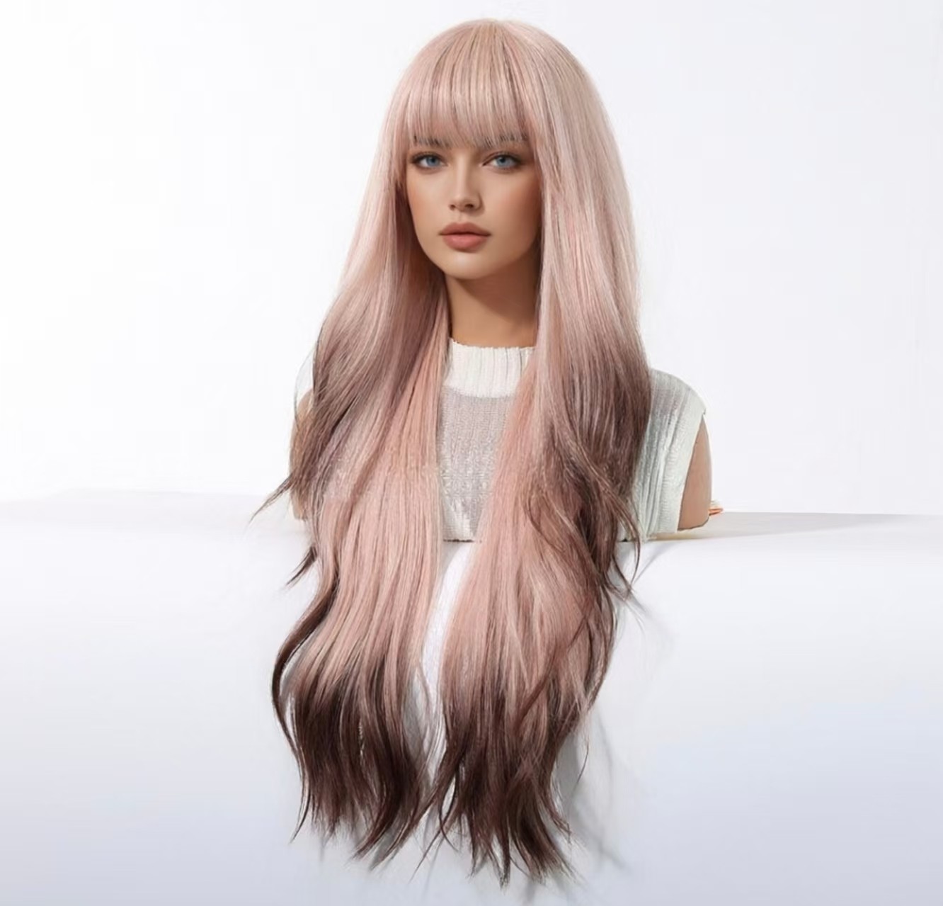 Pink Wigs with Bangs for Women Girls Cosplay Party Long Wavy Natural Synthetic