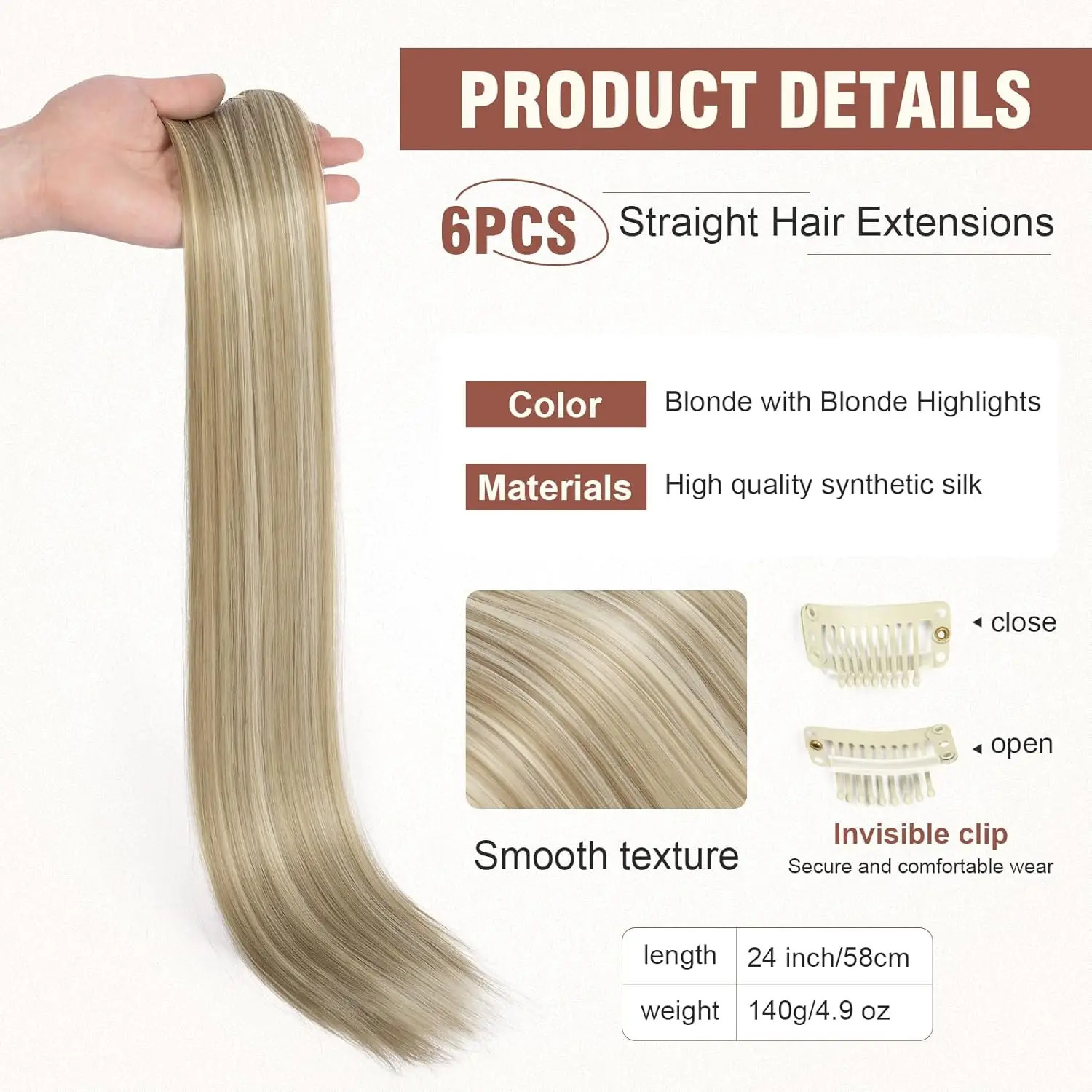6Pieces/Set Clips in Hair Extensions 24 Inch Synthetic Long Straight Extensions