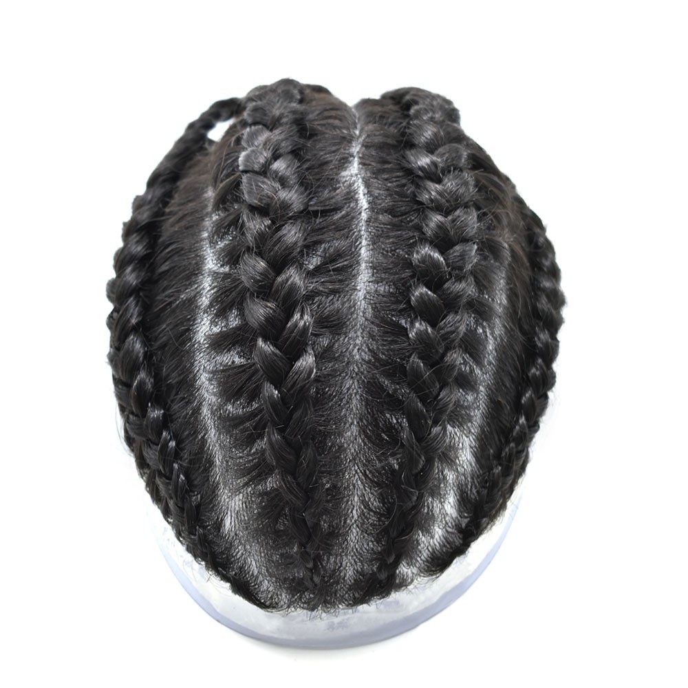 Cornrow Braids Mens Toupee Full Poly Box Braided Mens Hairpiece Male Braiding