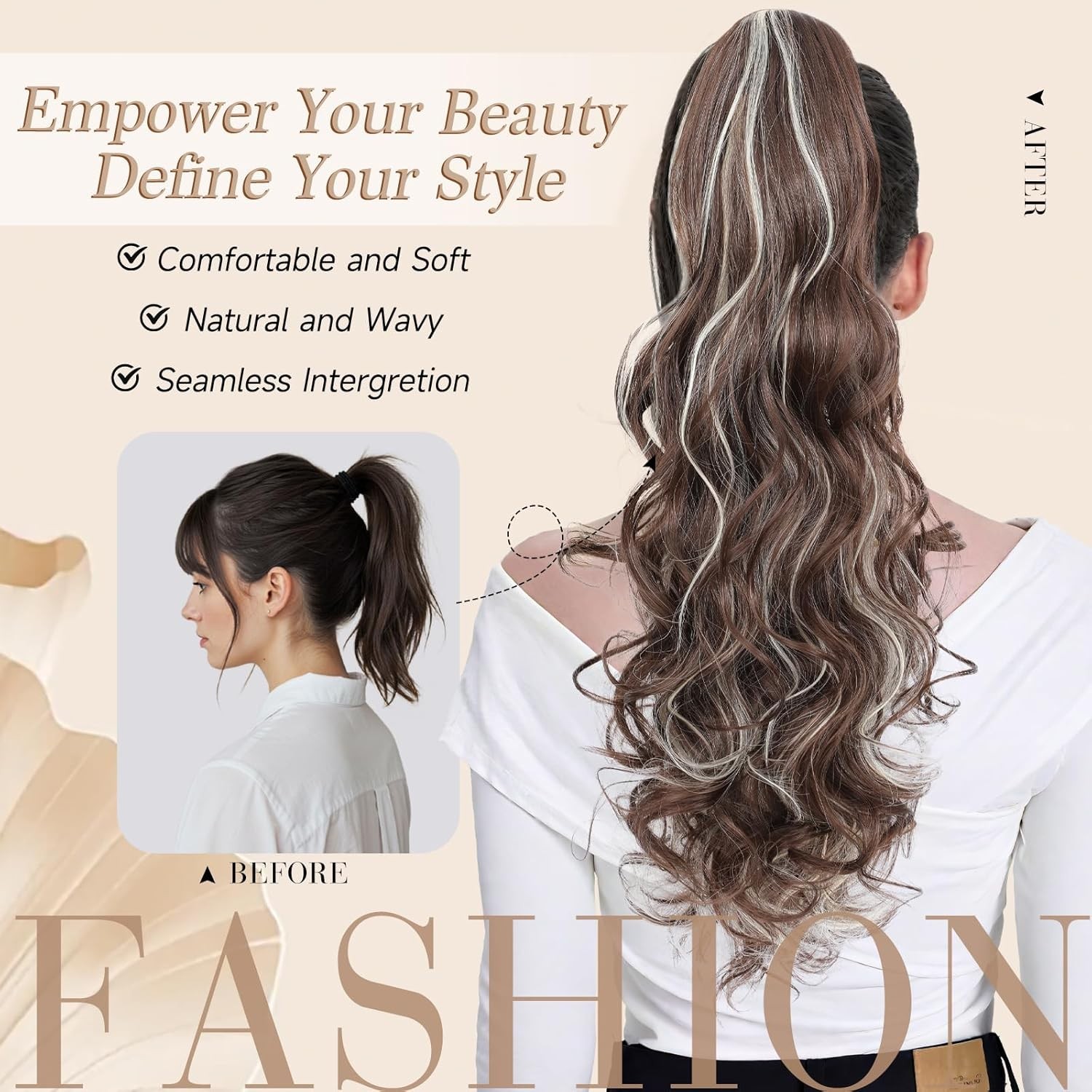 24″ Ponytail Extension, Long Curly Wavy Claw Clip and Natural-Looking Synthetic