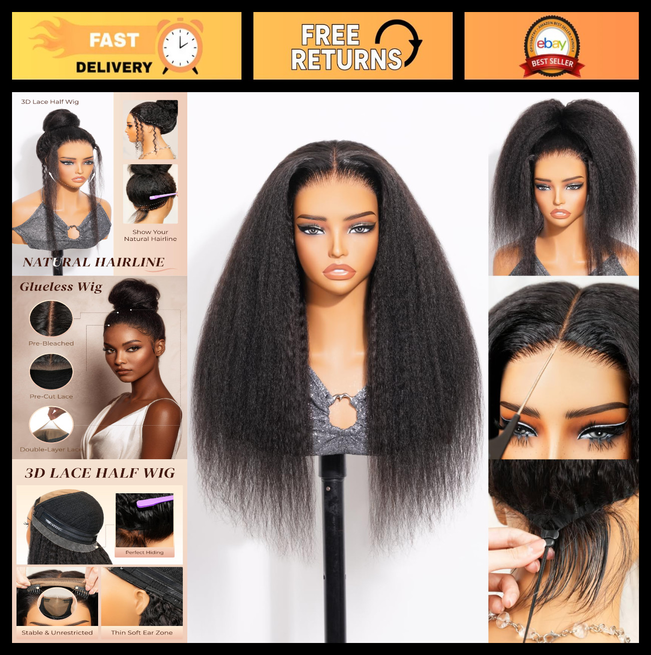 3-in-1 Half Wig Kinky Straight Glueless HD Lace Human Hair 24″ Yaki 210% Density