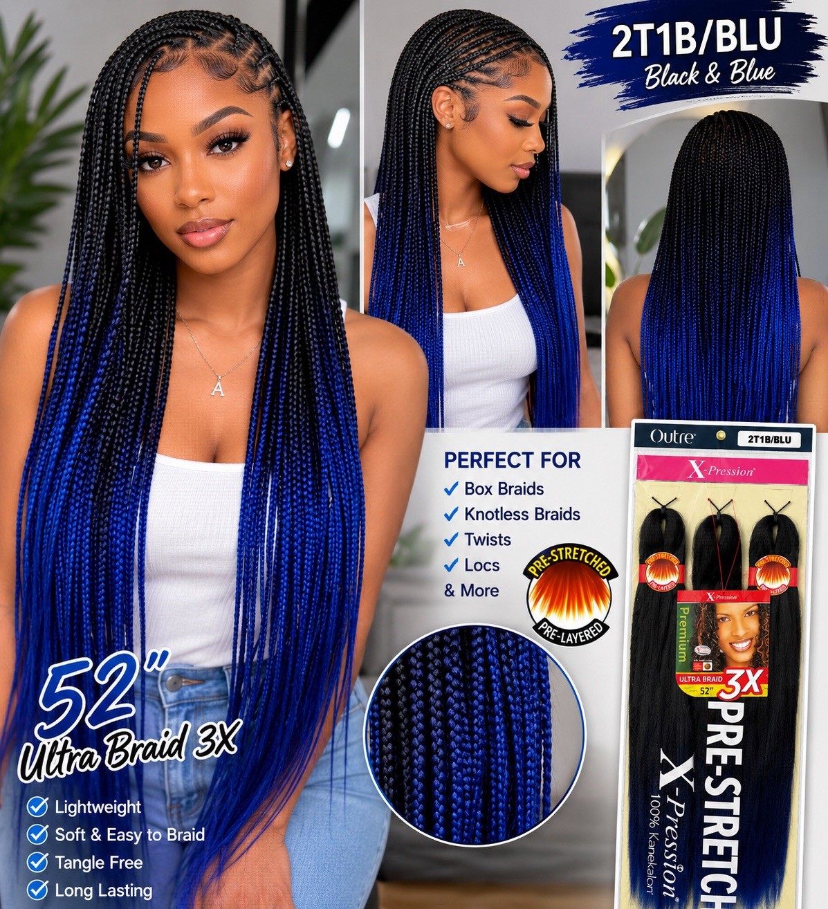 Outre X-Pression Pre-Stretched Synthetic Braiding Braid 52 in 2T1B/BLU