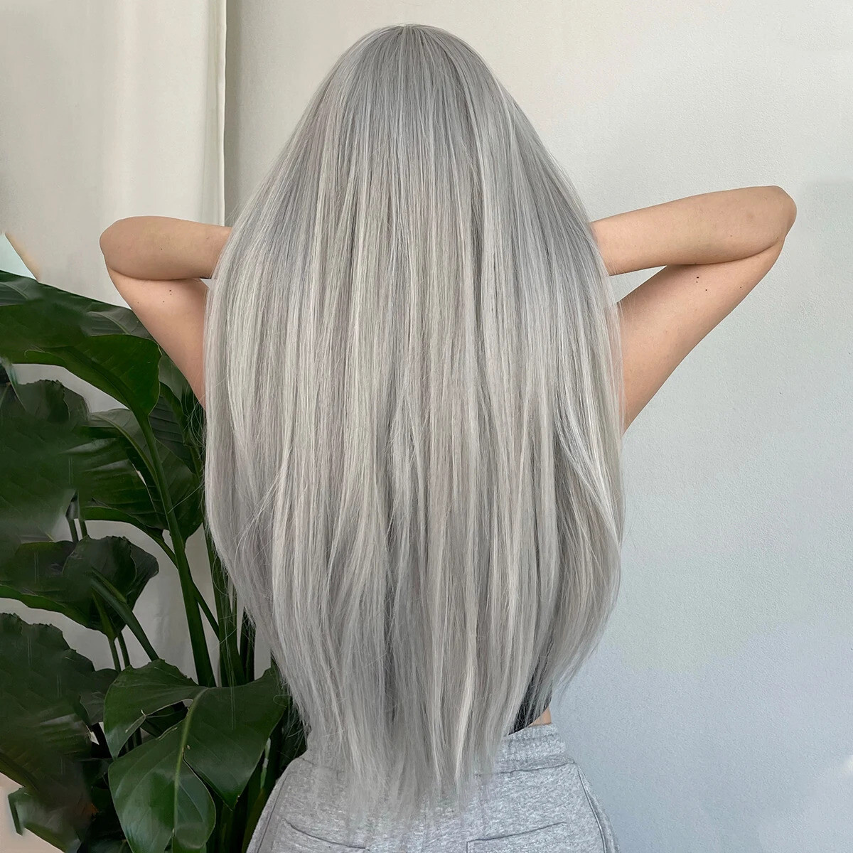 Silver Ash Gray Long Straight Synthetic Wigs Natural Hair with Bangs White Women