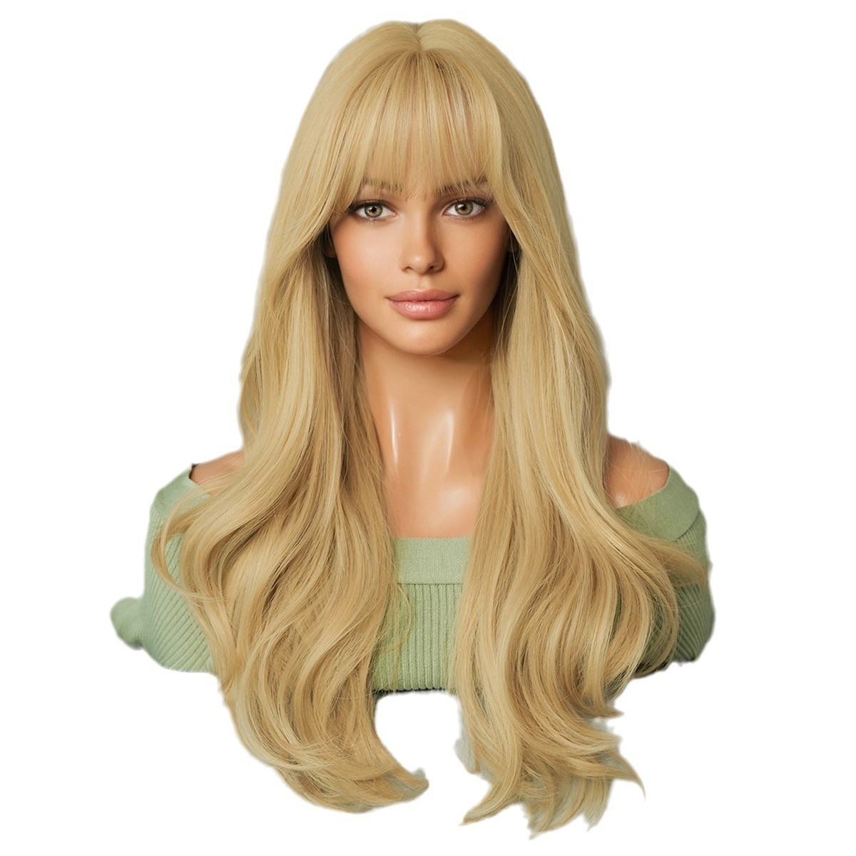 The lady has naturally long golden hair and is wearing a synthetic blonde wig
