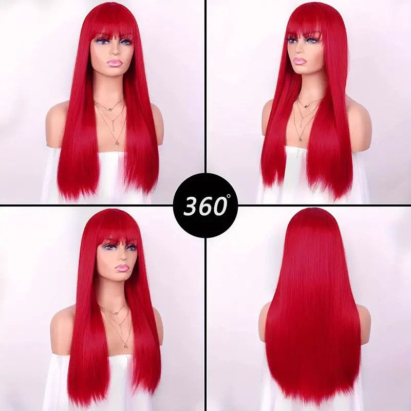 Long Straight Wig With Bangs For Women Multi Color Heat Resistant Synthetic