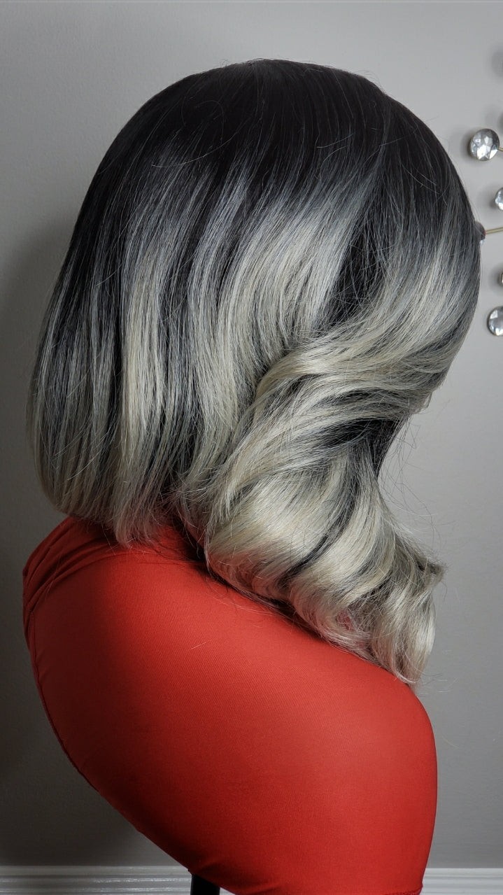 New Curly Side Bang Bob Style Lace Front Wig Black Ash Blonde Gray Ombre Womens