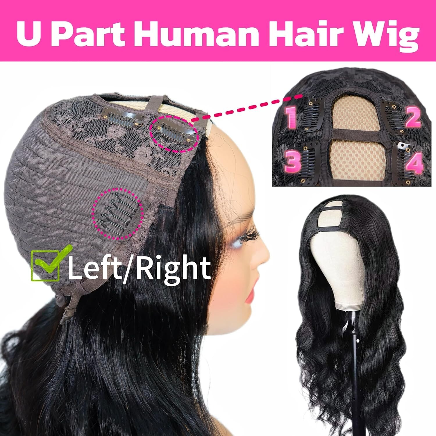 18 Inch U Part Body Wave Wig Human Hair Glueless No Sew In 180% Density