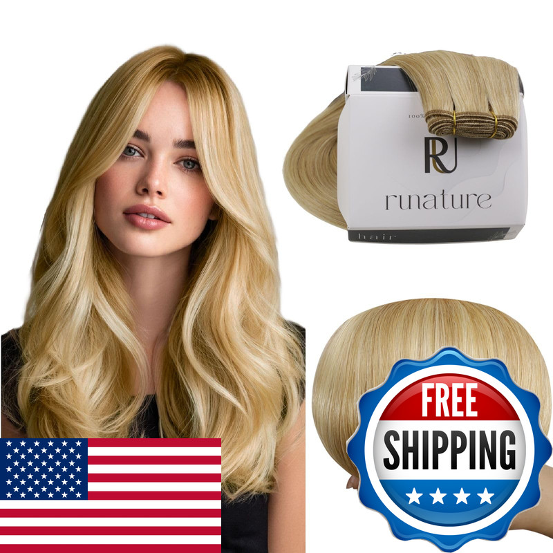 Runature Weft Hair Extensions Human Hair Golden Blonde 12 Inch 70G Sew In Human