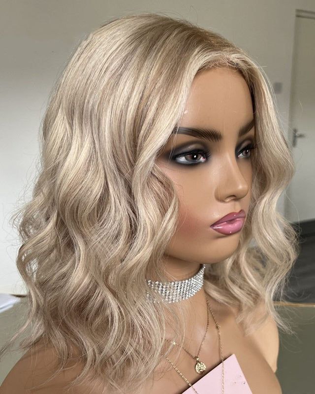 Remy Human Hair 13×4 Lace Front Wig Short Bob Brazilian Hair Wavy Ombre Blonde