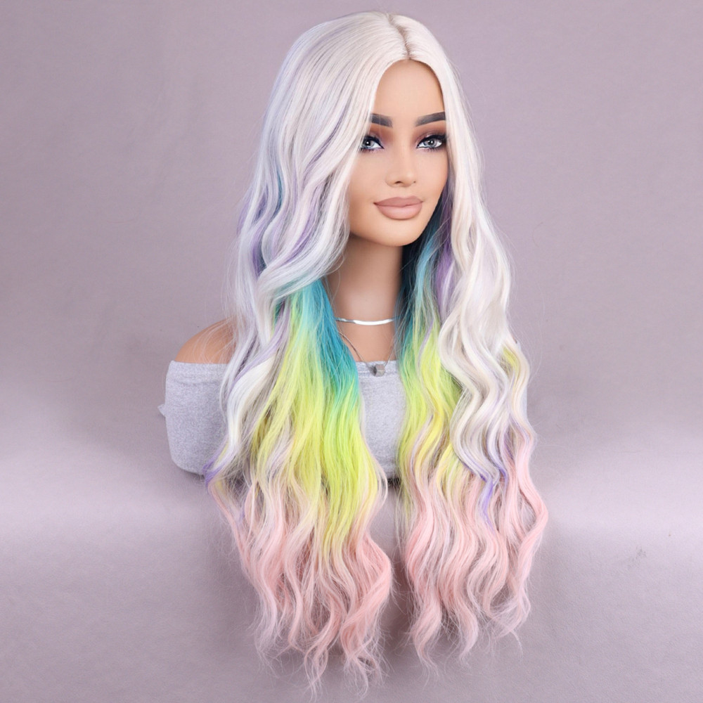 28in Women’s Multi Color Rainbow Wig Long Curly Wavy Wig Cosplay Party Wig
