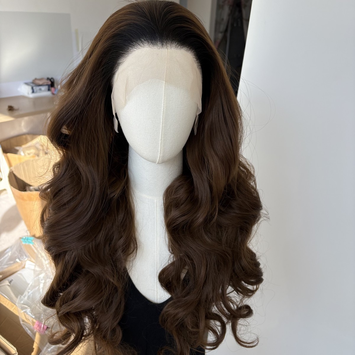 Lace Front Wig Ombre Brown Long Wavy Heat Resistant Synthetic Hair Layered