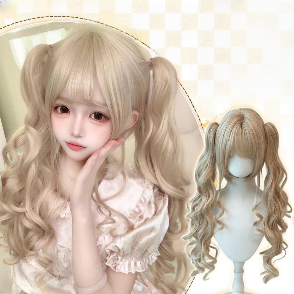 Japanese Lolita Wig Long Curly Ponytail Blonde Hair Cosplay Costume