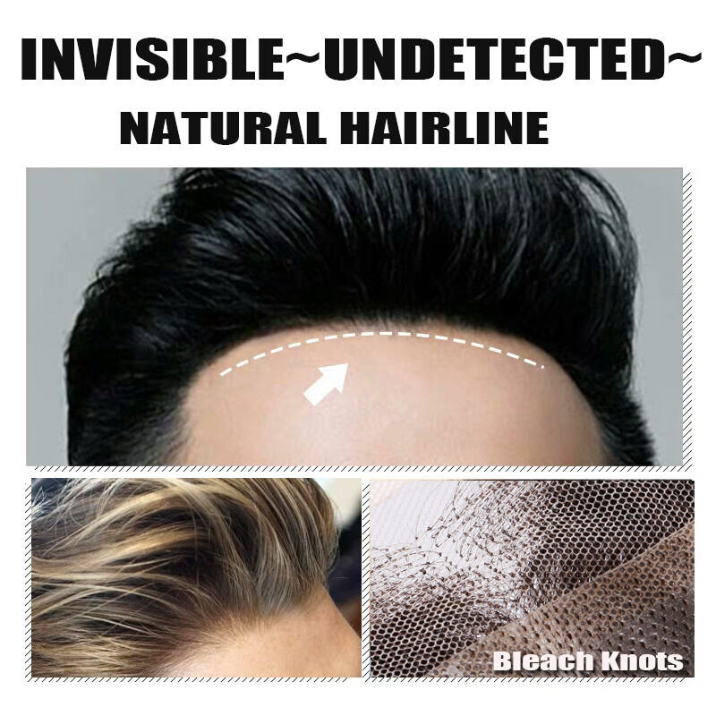 Fine Mono Mens Toupee Hairpiece Poly Skin Human Hair Replacement System Wigs US