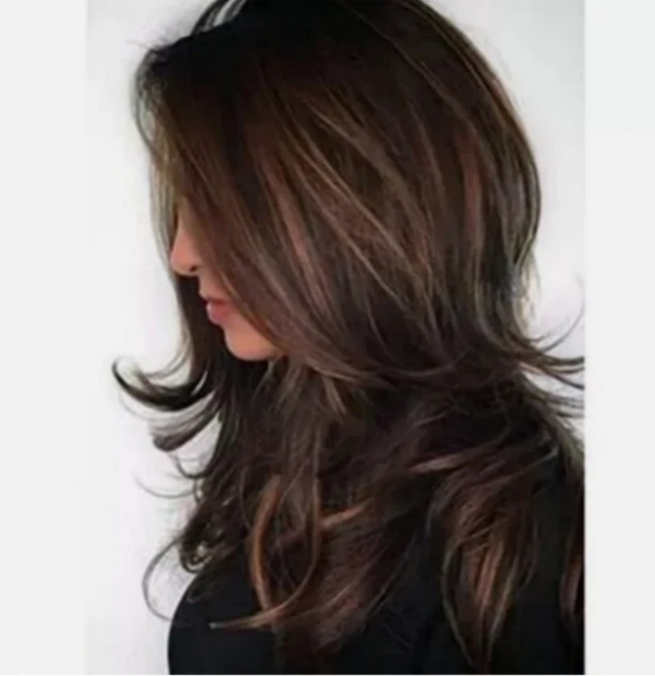 Women Dark Brown w/Gold Highlight Ombre Shoulder Length Curly Hair Wig-&&++