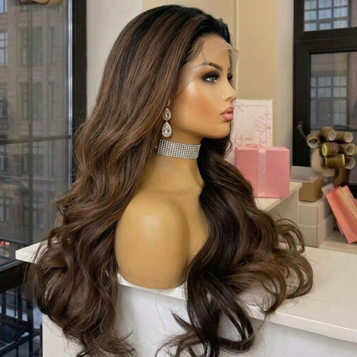 HD Lace Front Wig Long Wavy Ombre Brown Synthetic Hair Heat Resistant