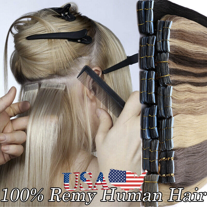 Tape In Real Human Hair Extensions Invisible Glue Skin Wefts Full Head Remy Hair