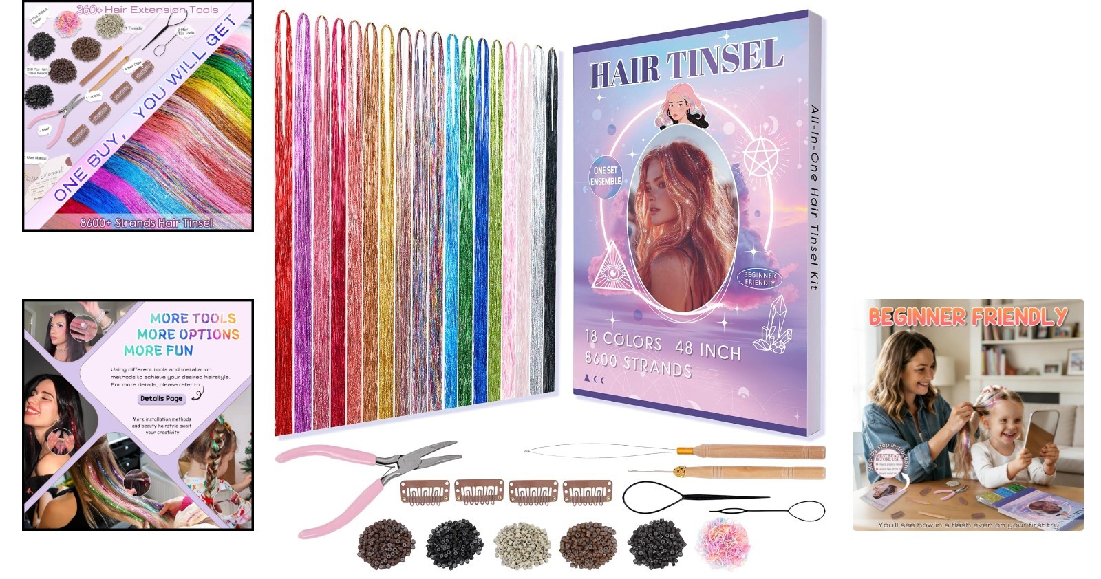 Beginner-Friendly 18 Colors Hair Tinsel – DIY Kits for Stylish Hair Enhancements