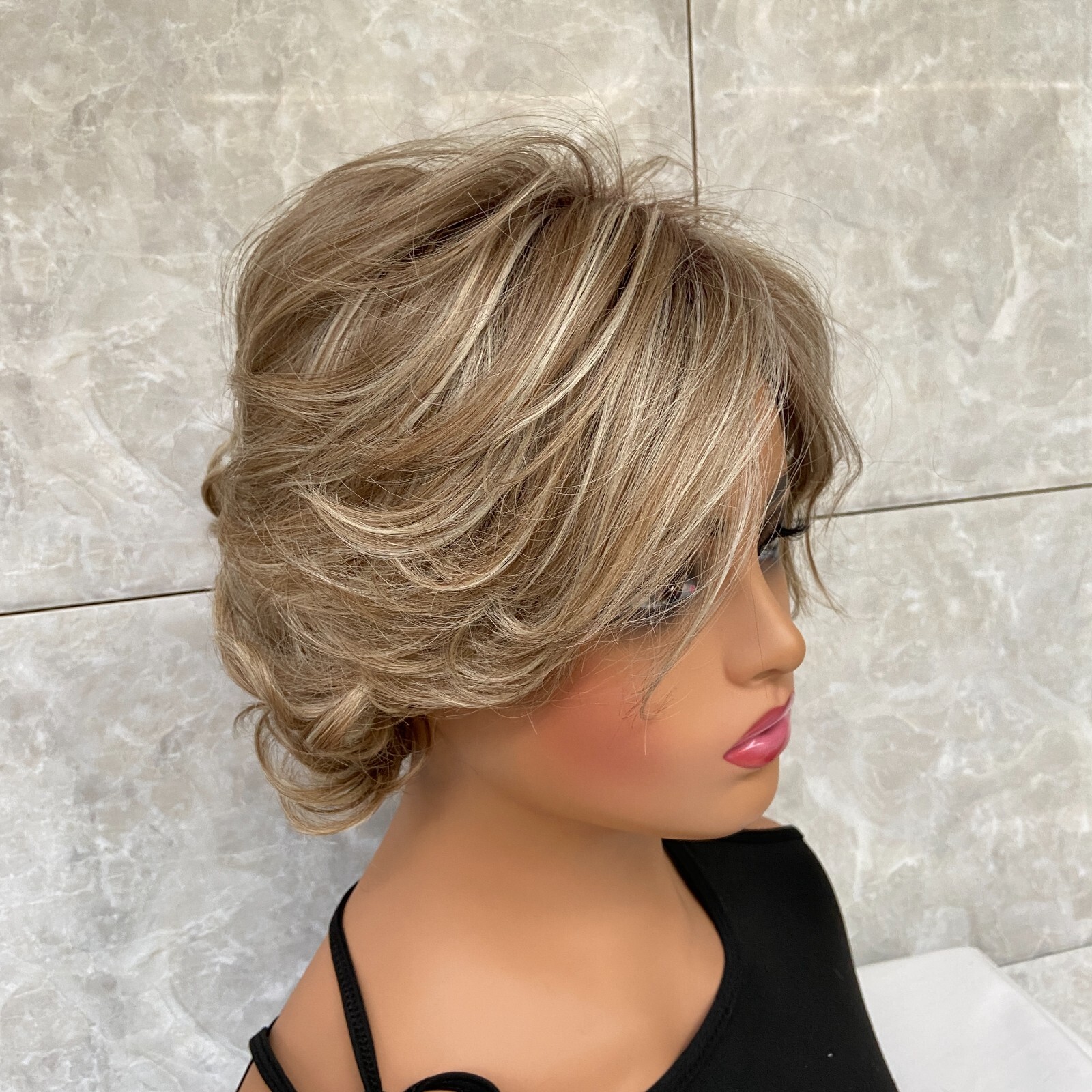Short Fluffy Wavy Brown Brown Mix Human Hair Blend Heat Ok Wigs Women Soft Daily