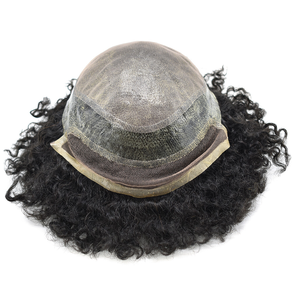 Lace Front Afro Curl Mens Toupee Poly Skin African American Human Hair Piece Wig