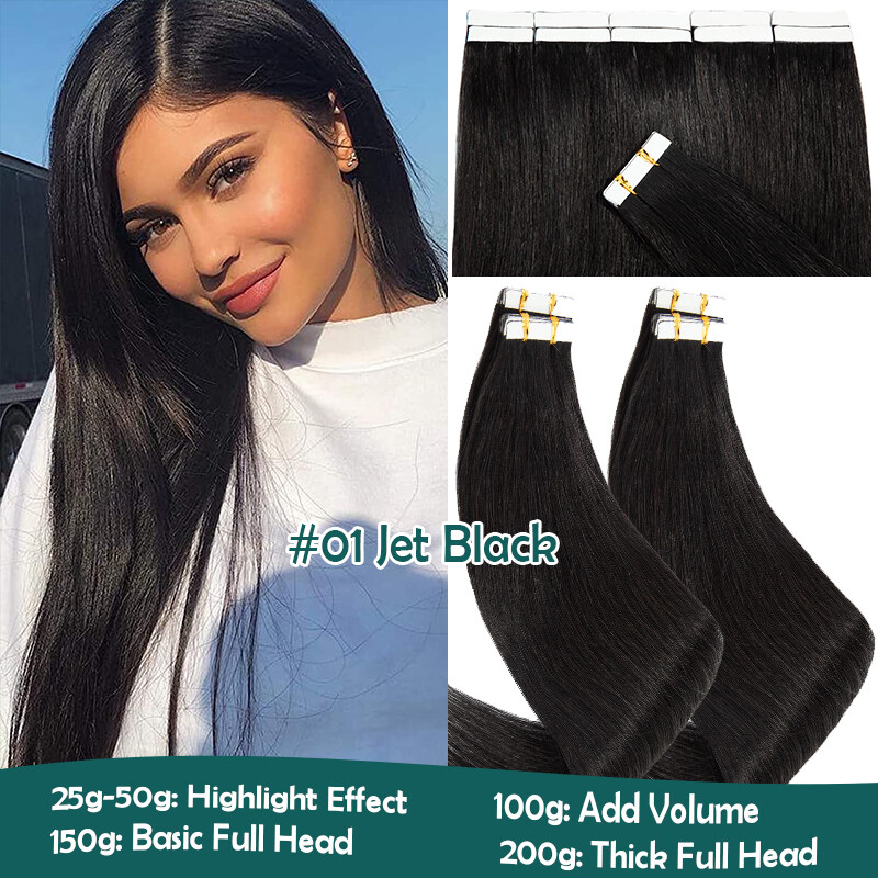 Tape In Skin Weft Real Remy Human Hair Extensions 60pcs Full Head Dark Color