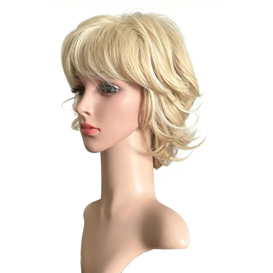 6 Inch Short Layered Wavy Bob Wig for Women, Pale Blonde Synthetic