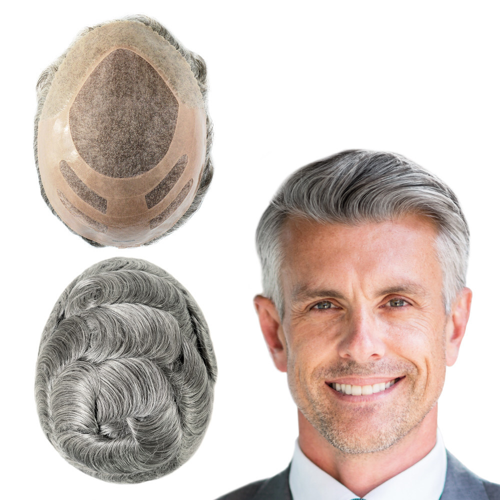 Mens Human Hair Replacement Systems Fine Mono Toupee Bond Grey Hairpieces #365