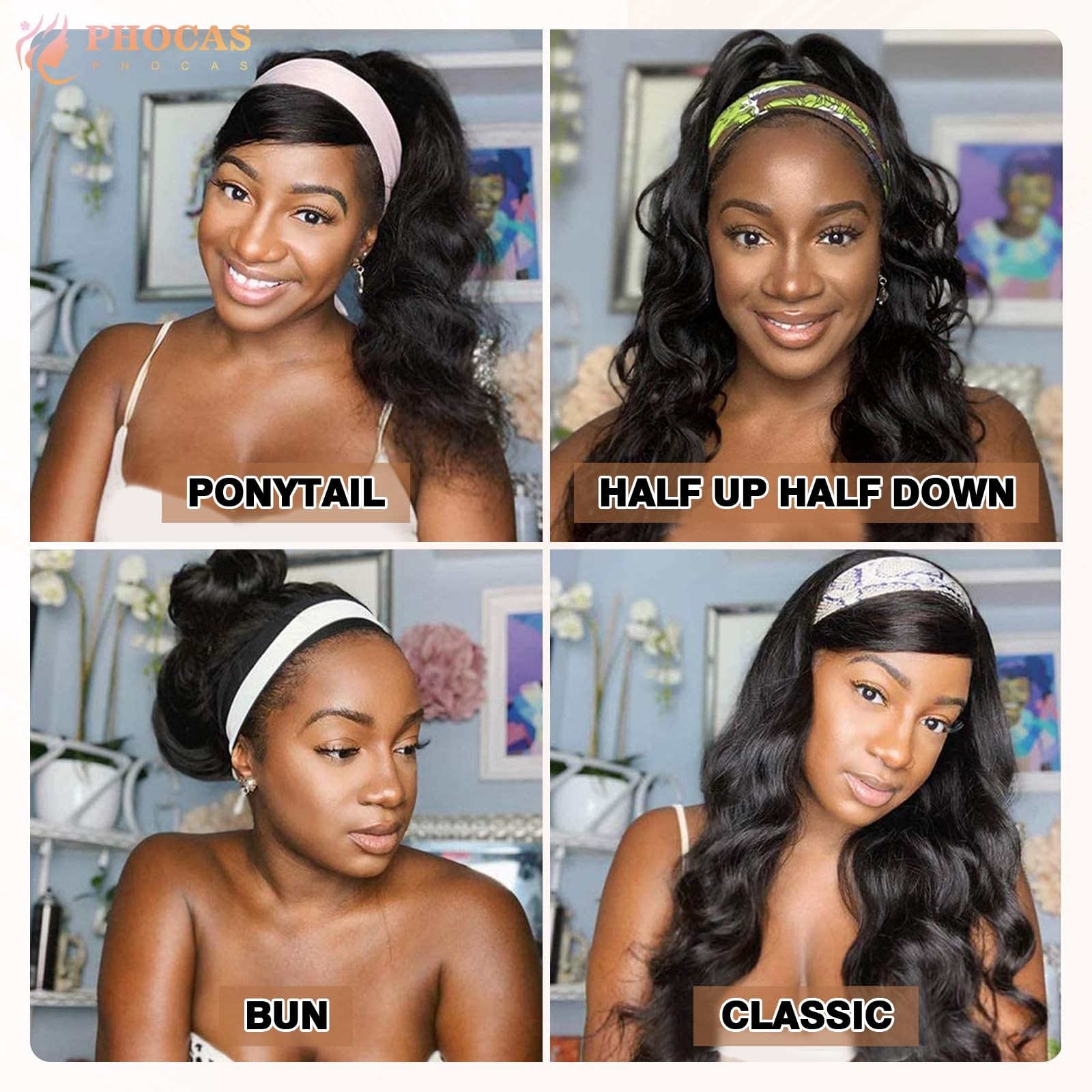 18″ Long Highlight Brown Headband Wigs for Dark Brown Headband with Highlight…