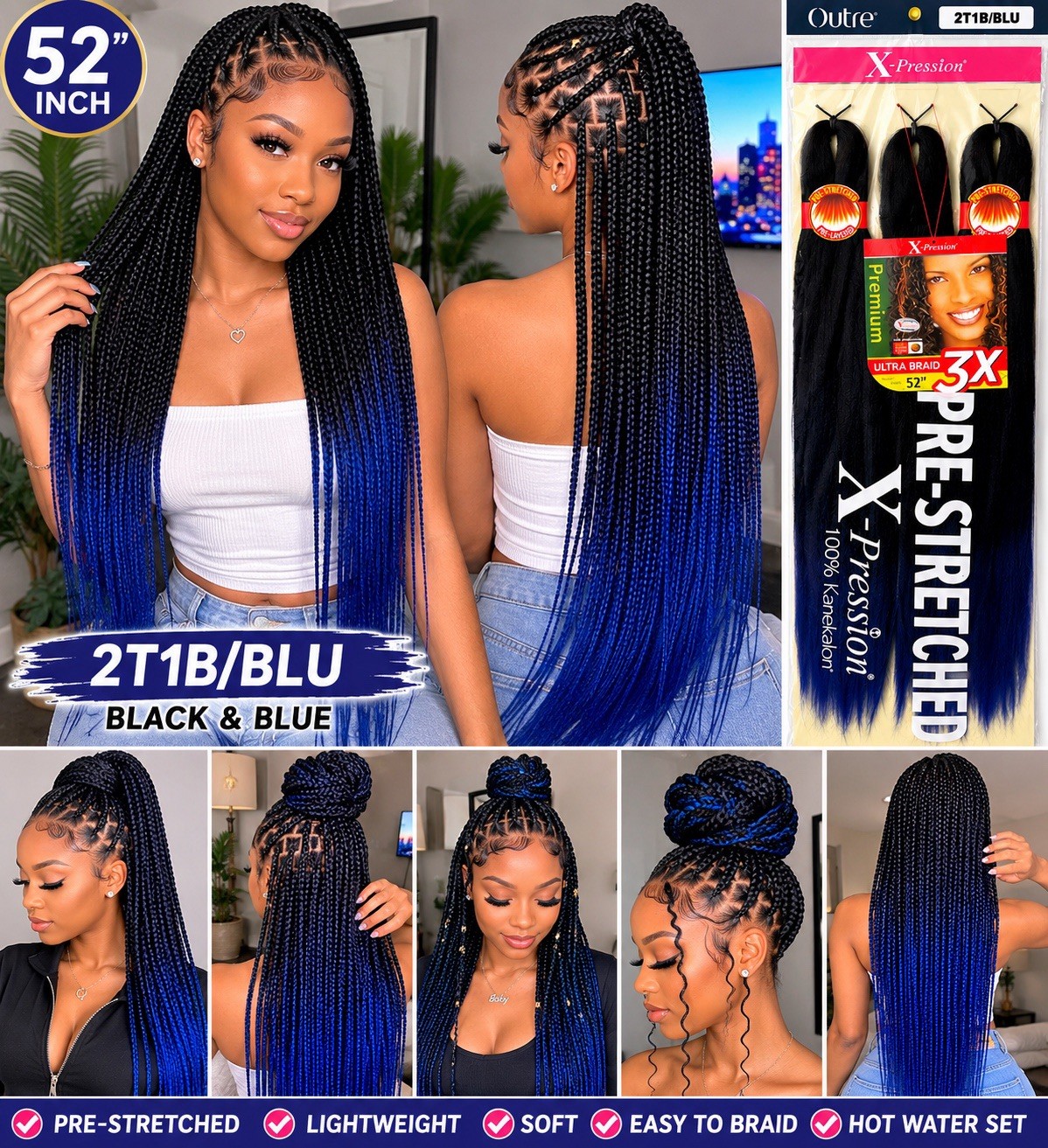Outre X-Pression Pre-Stretched Synthetic Braiding Braid 52 in 2T1B/BLU
