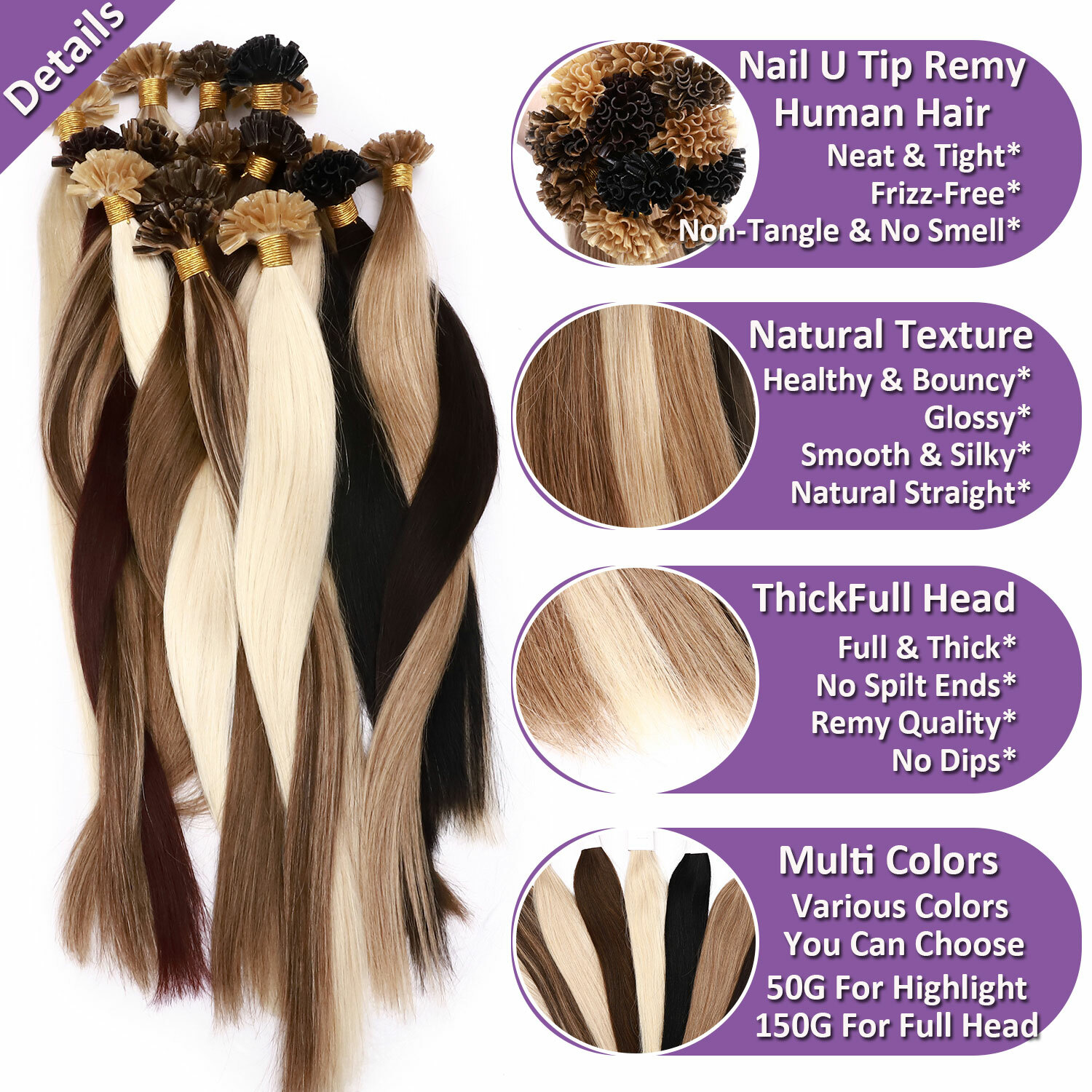 50-200PCS THICK Pre Bond Keratin Nail U Tip Human Remy Hair Extension Highlight