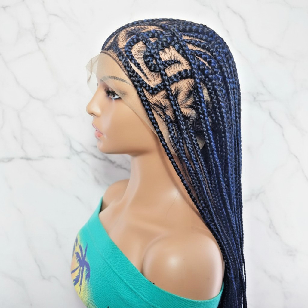 Braided Wig Full Lace Baby Hair. Blue & Black Braids. 32 inches