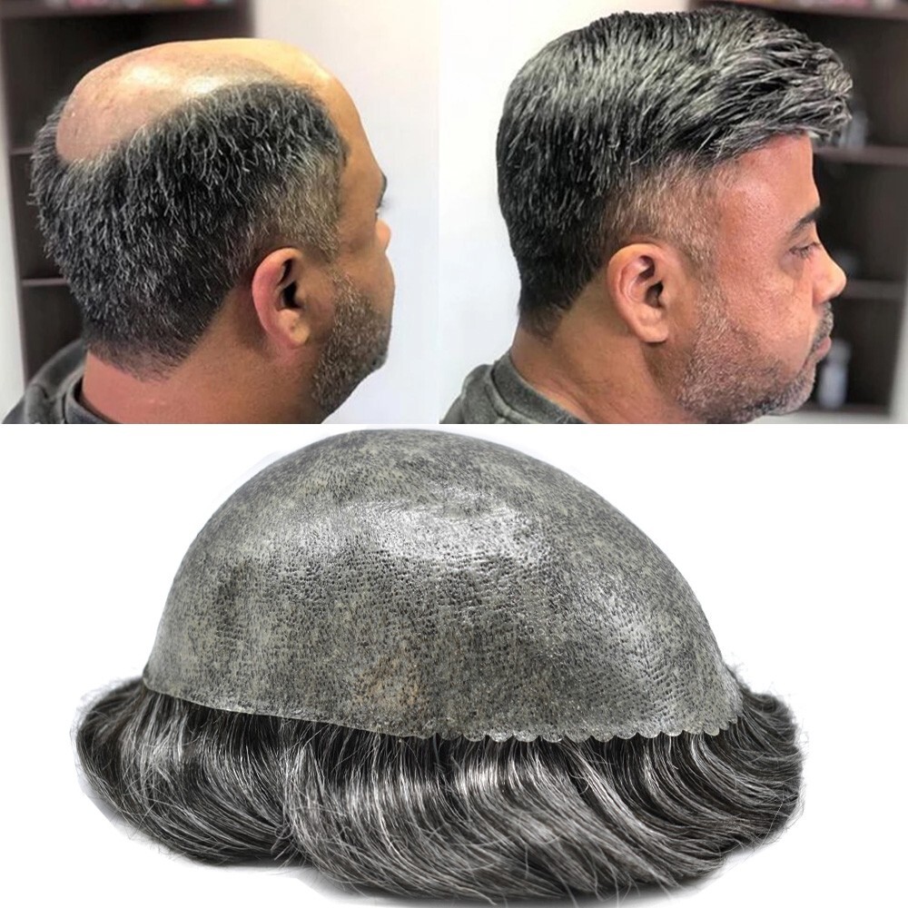 Mens Wig Units Human Hair Toupee Systems Full PU Poly Thin Skin Male Hairpiece