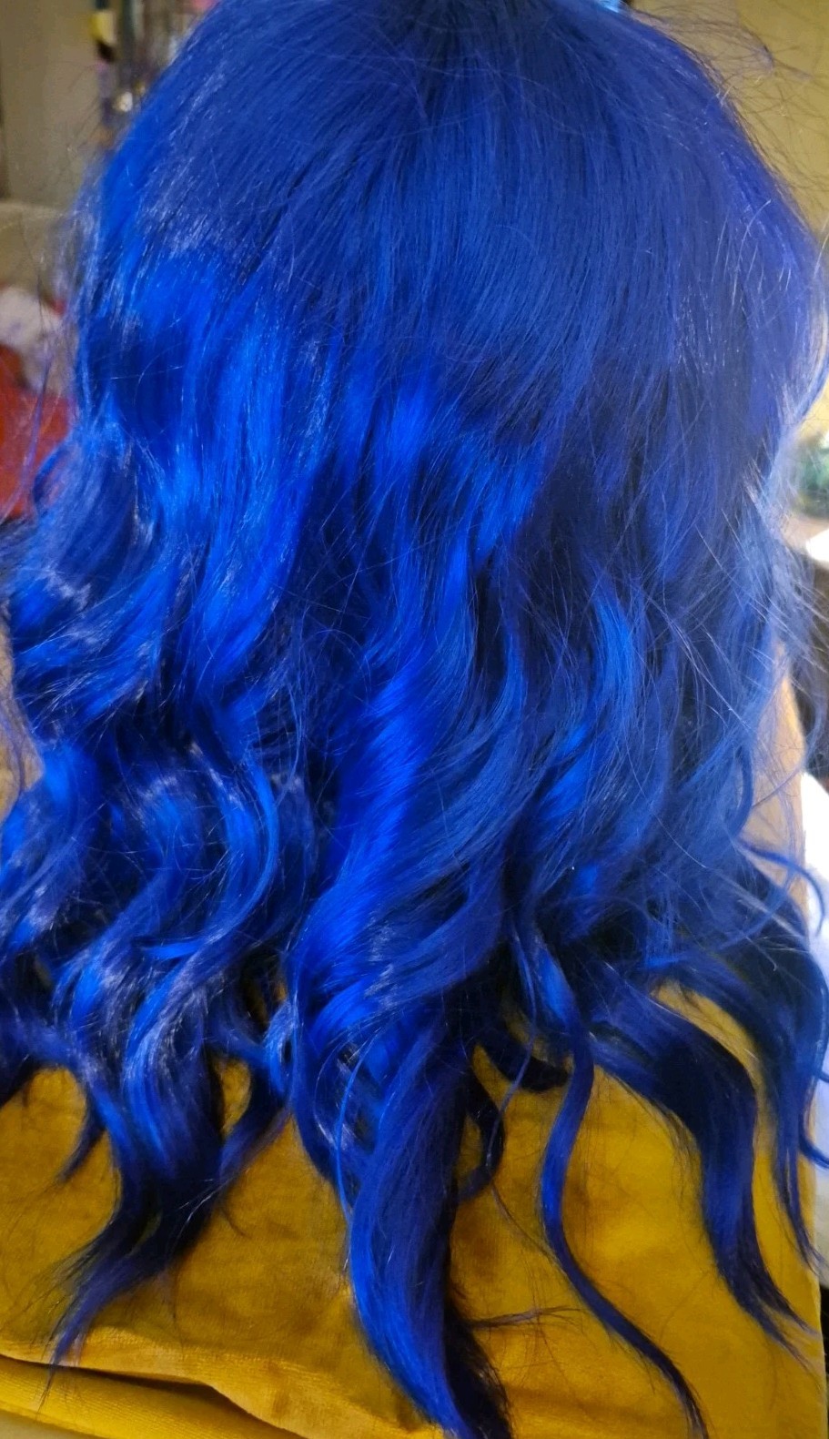 Blue Curly Wavy Bangs Medium Length Women Wig Synthetic Cosplay Anime Wig