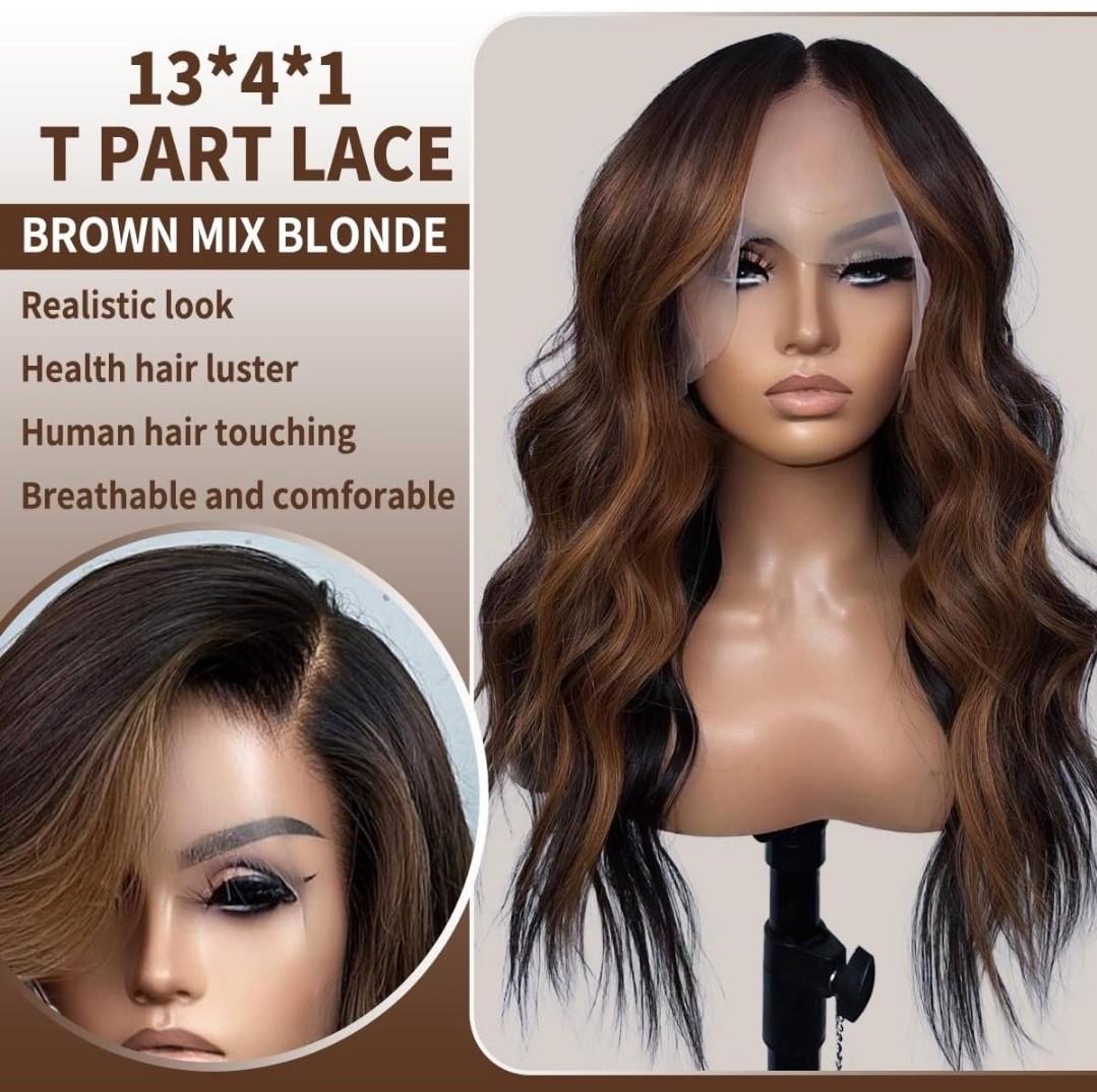 HD Lace Front Wig Human Hair Blend Highlights Straight Honey BROWN Blonde