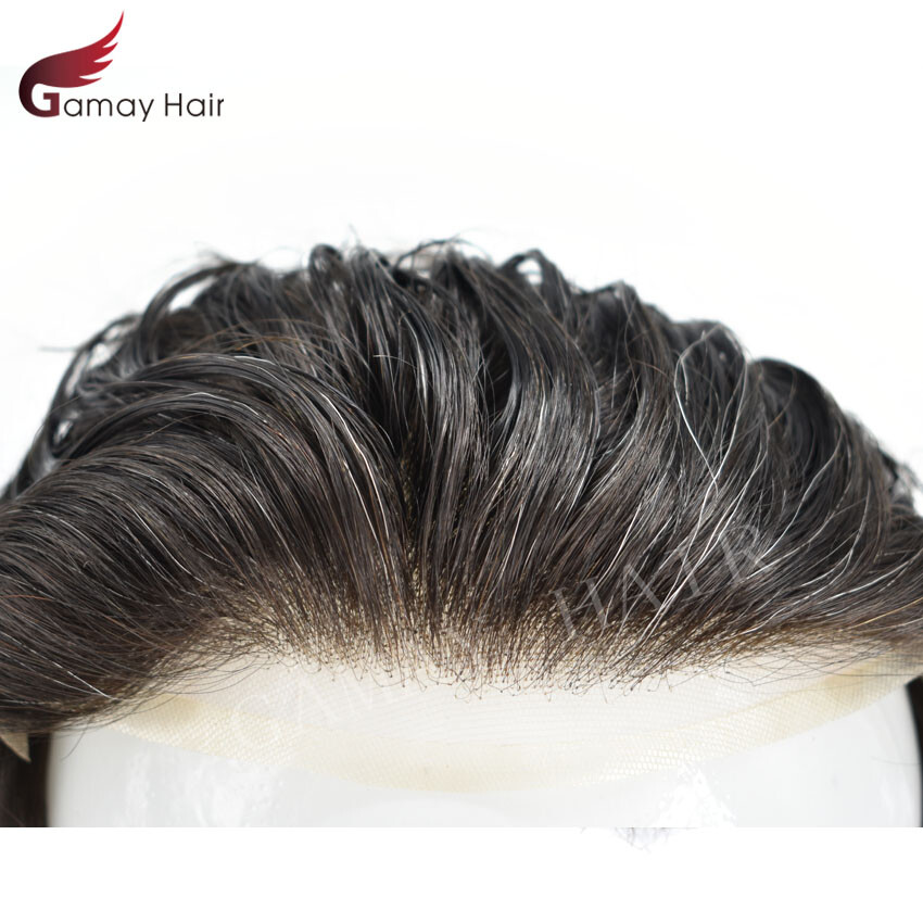 Mens Toupee French Lace Front Hairpieces Poly Skin PU Human Hair Systems for Men