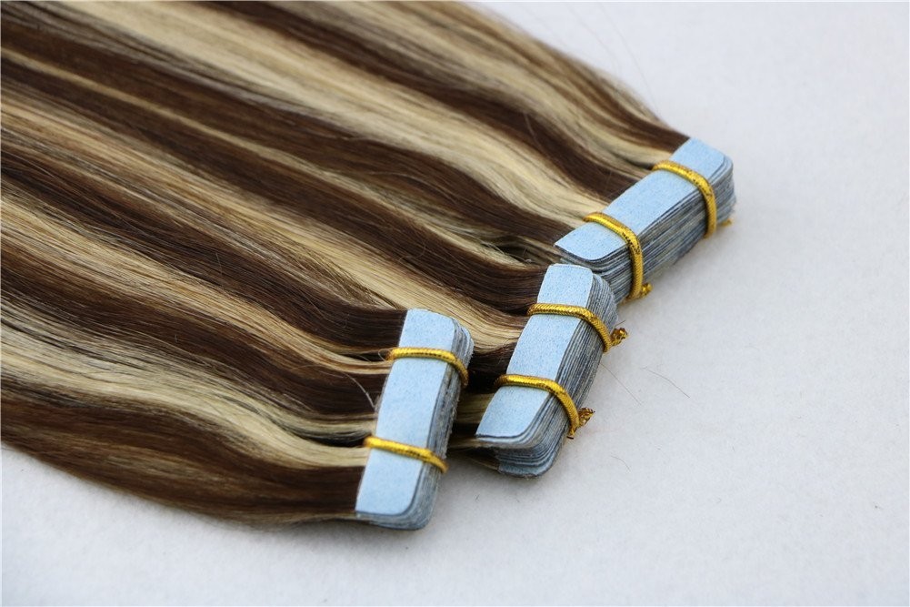 Tape in Human Hair Extensions Skin Wefts Remy Medium Brown Balayage Blonde26inch