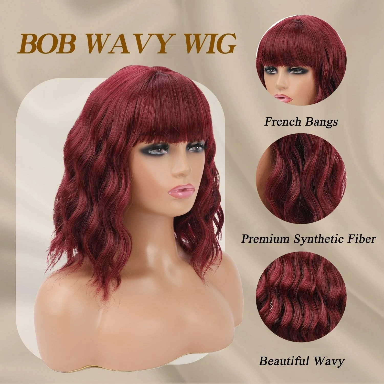 16in Wine Red Wig with Bangs Short Wavy Wigs for Women Wine Red Curly Shoulde