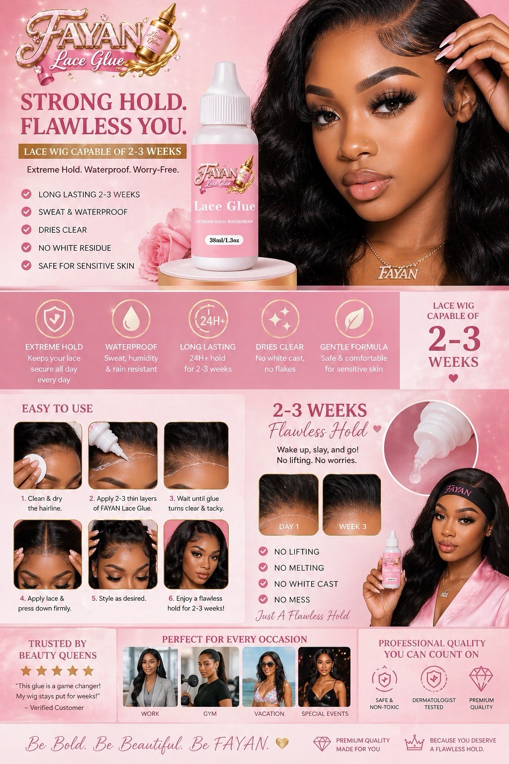 FAYAN Wig Lace Glue Extreme Hold Waterproof Dries Clear 38ml / 1.3oz