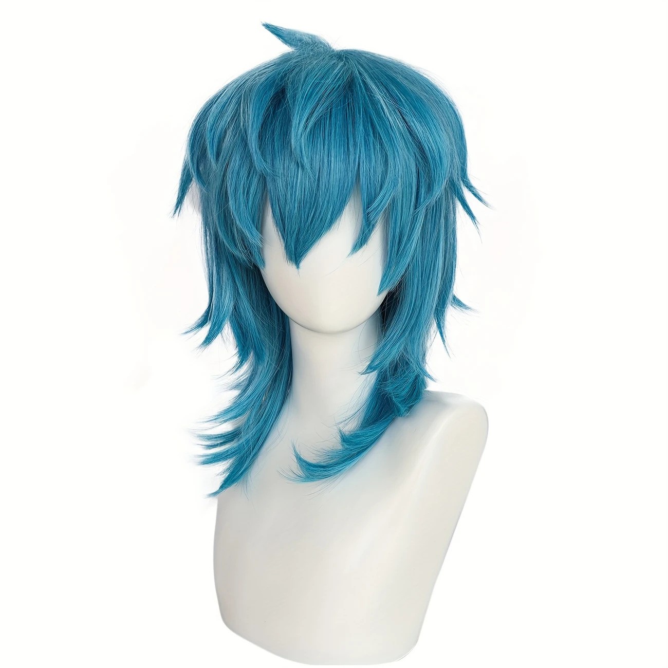 Light blue anime character cosplay wig with layered, broken and upturned hair…