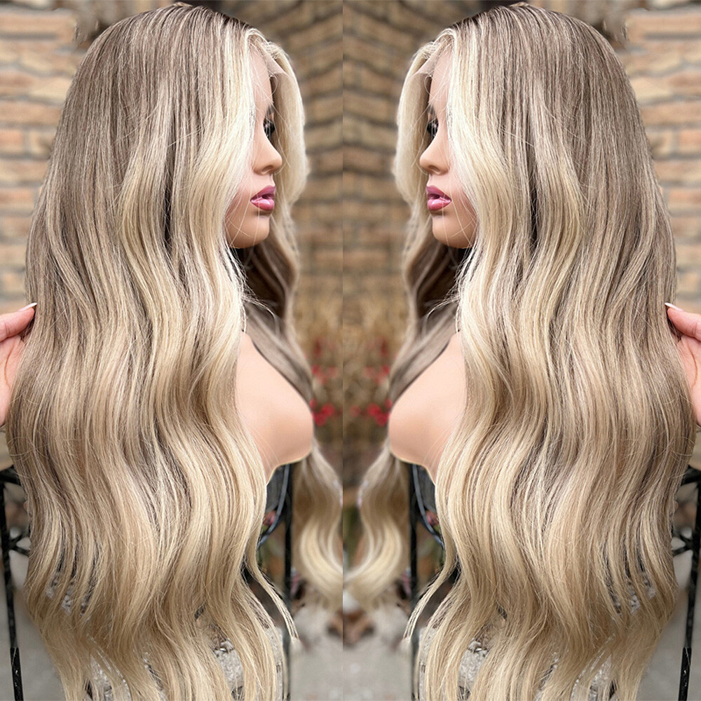 Highlight Blonde Lace Front Wigs 13×4 Human Hair Brown Roots Loose Body Wavy