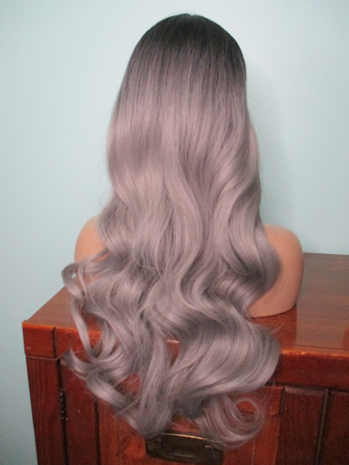 30″ violet gray and black ombre long wavy WIG – NEW – swept bangs