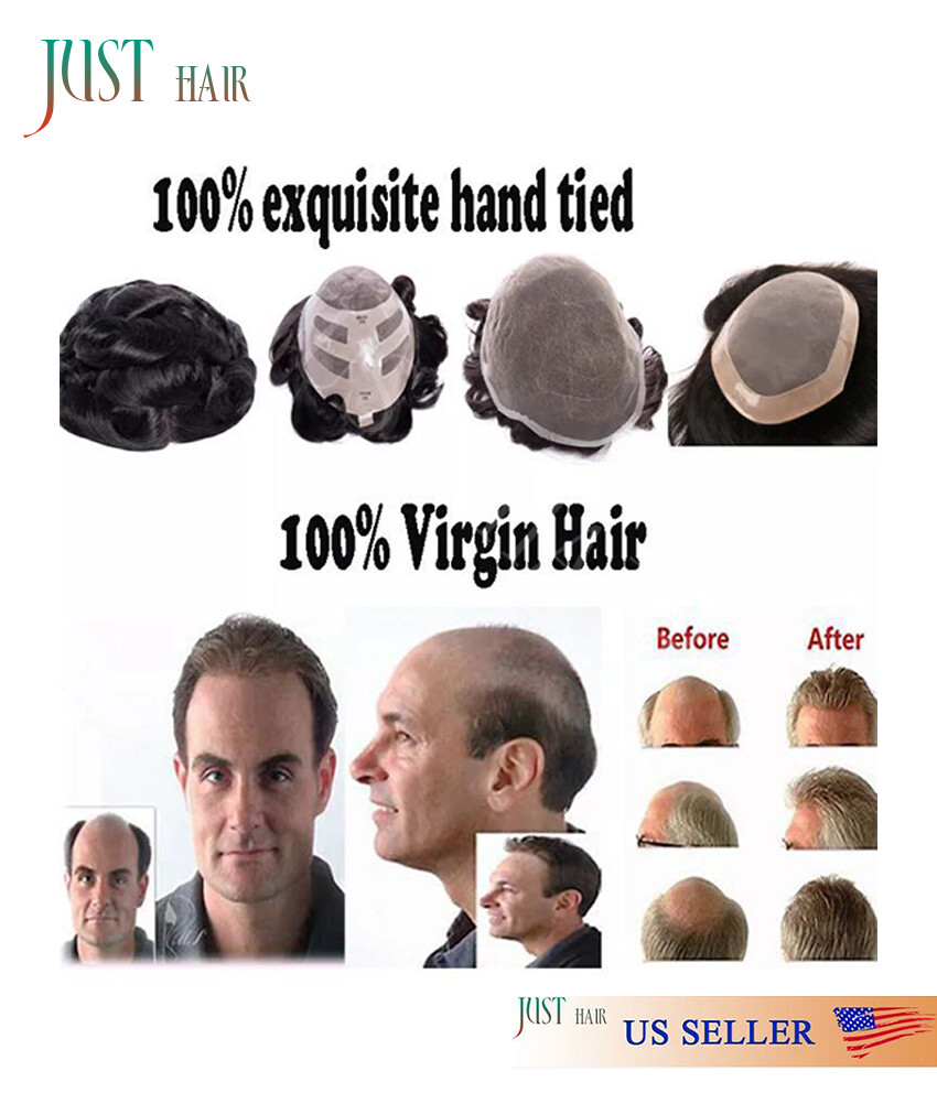 Mens Toupee Durable Fine Mono Lace Poly PU Around Hairpiece Remy Human Hair Wig