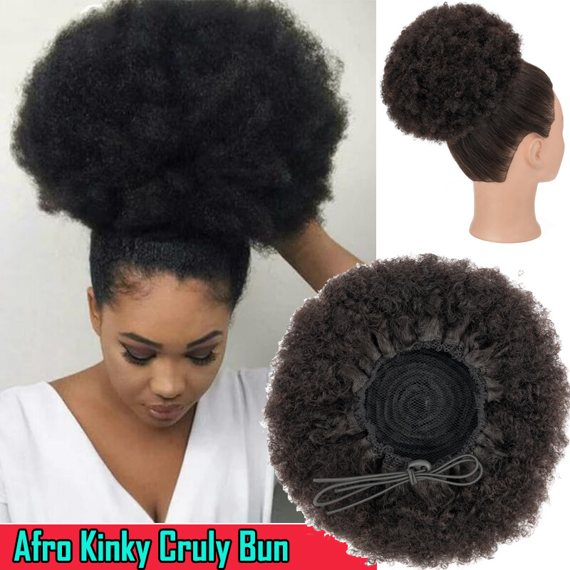 Extra Large Afro Kinky Curly Puff Bun Clip in Human Hair Extensions Ponytail US