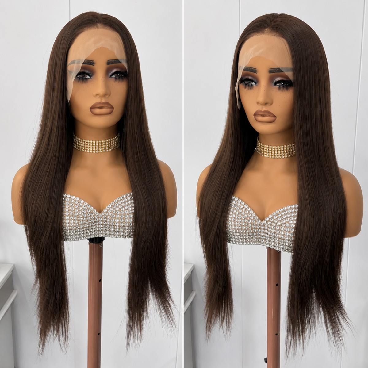 Brown Heat Resistant Synthetic Hair Long Straight Frontal Lace Wig