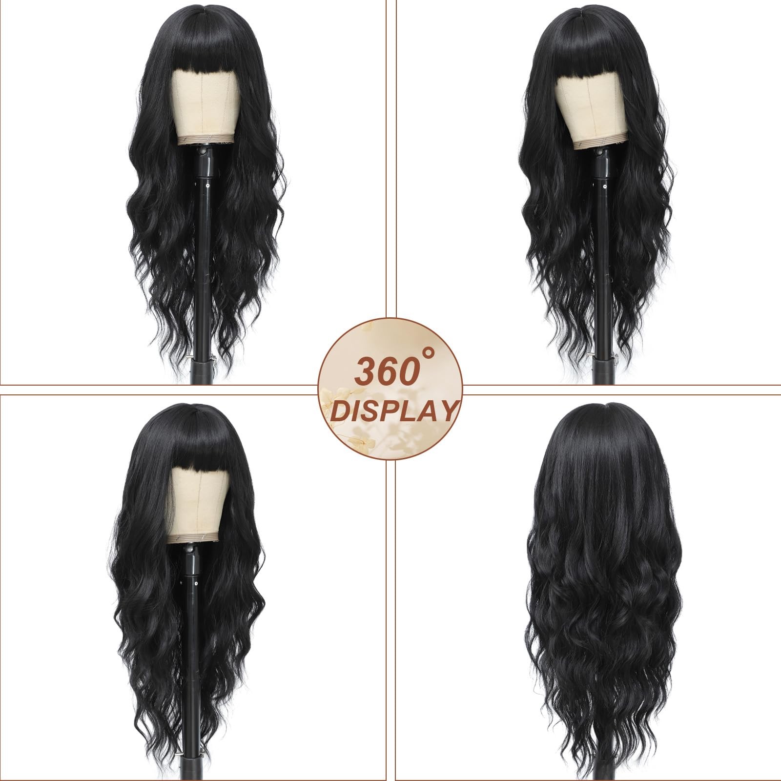 Black Wig with Bangs for Women Long Black Wavy Wigs 26 Inch Natural Black Wigs N