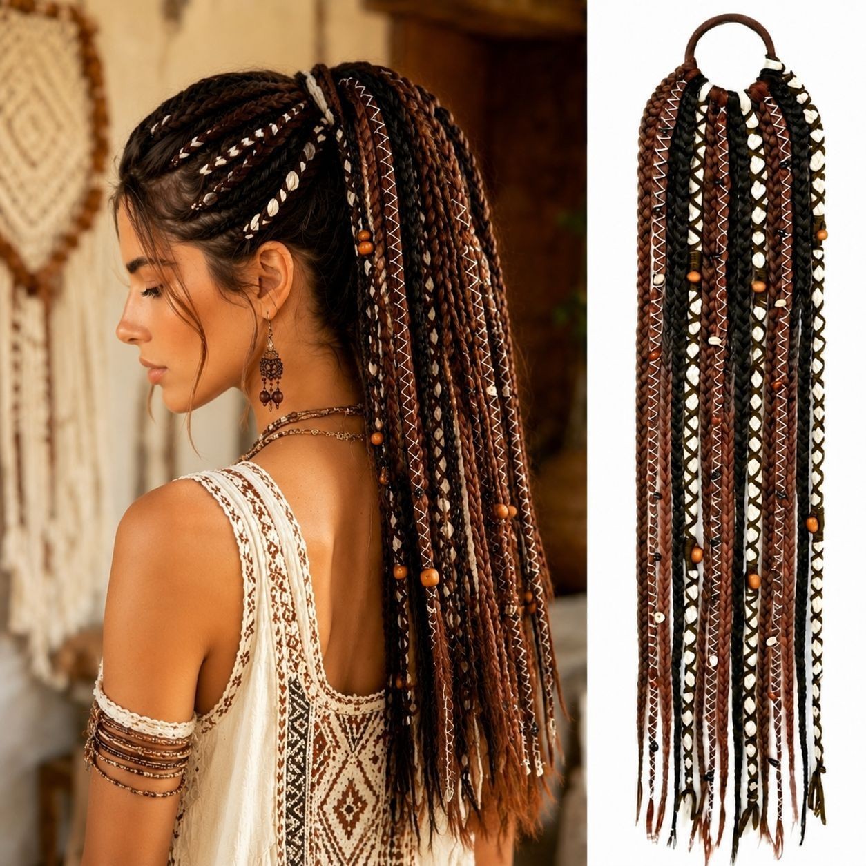 24 Inch Boho Braided Ponytail Hair Extension Dreadlock Beads Women Synthetic Wra