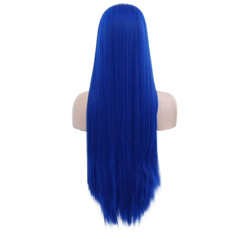 Long Straight Lace Front Wig Synthetic Hair Wig Heat Safe Blue Glueless Long Wig