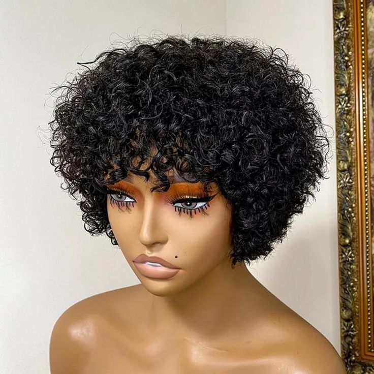 Human Hair Short Curly Wigs 6 Inch Natural Black Pixie Cut Afro Kinky Curly Wigs