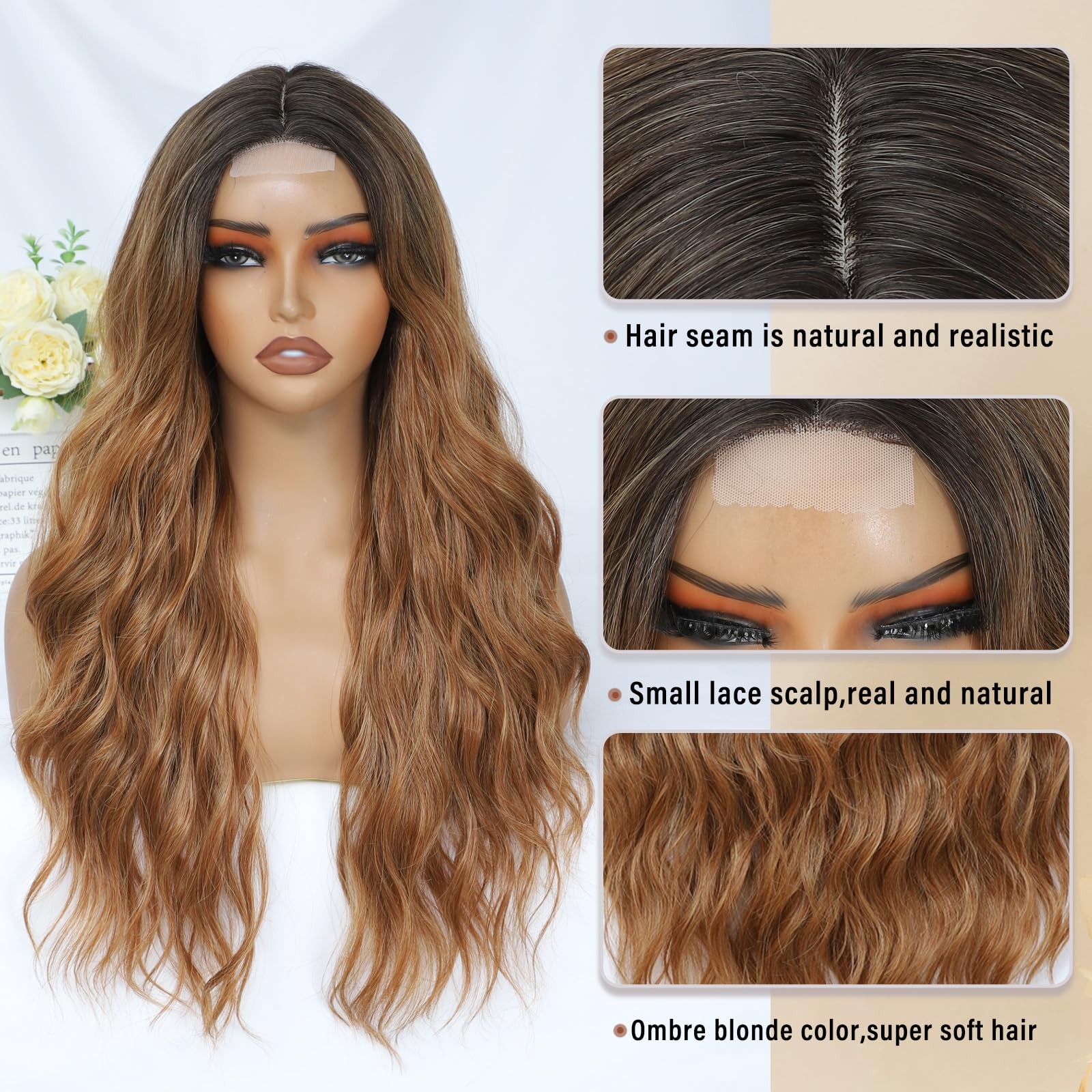 Ombre Brown Wig for Women, Long Ombre Brown Wavy Wig Middle Part 26 Inch Ombr…